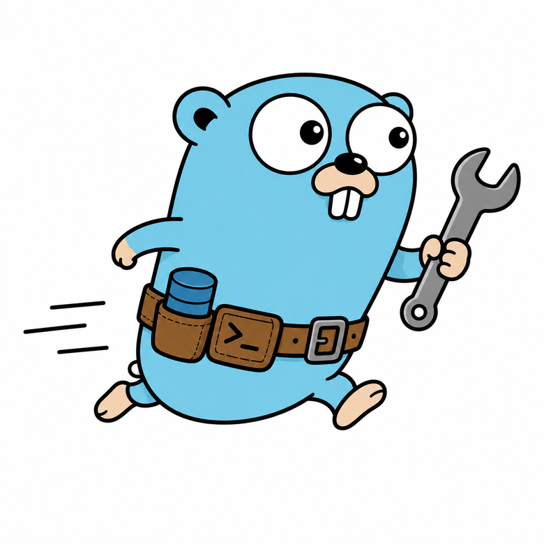 Gombit mascot: a Go gopher running with a wrench and a tool belt